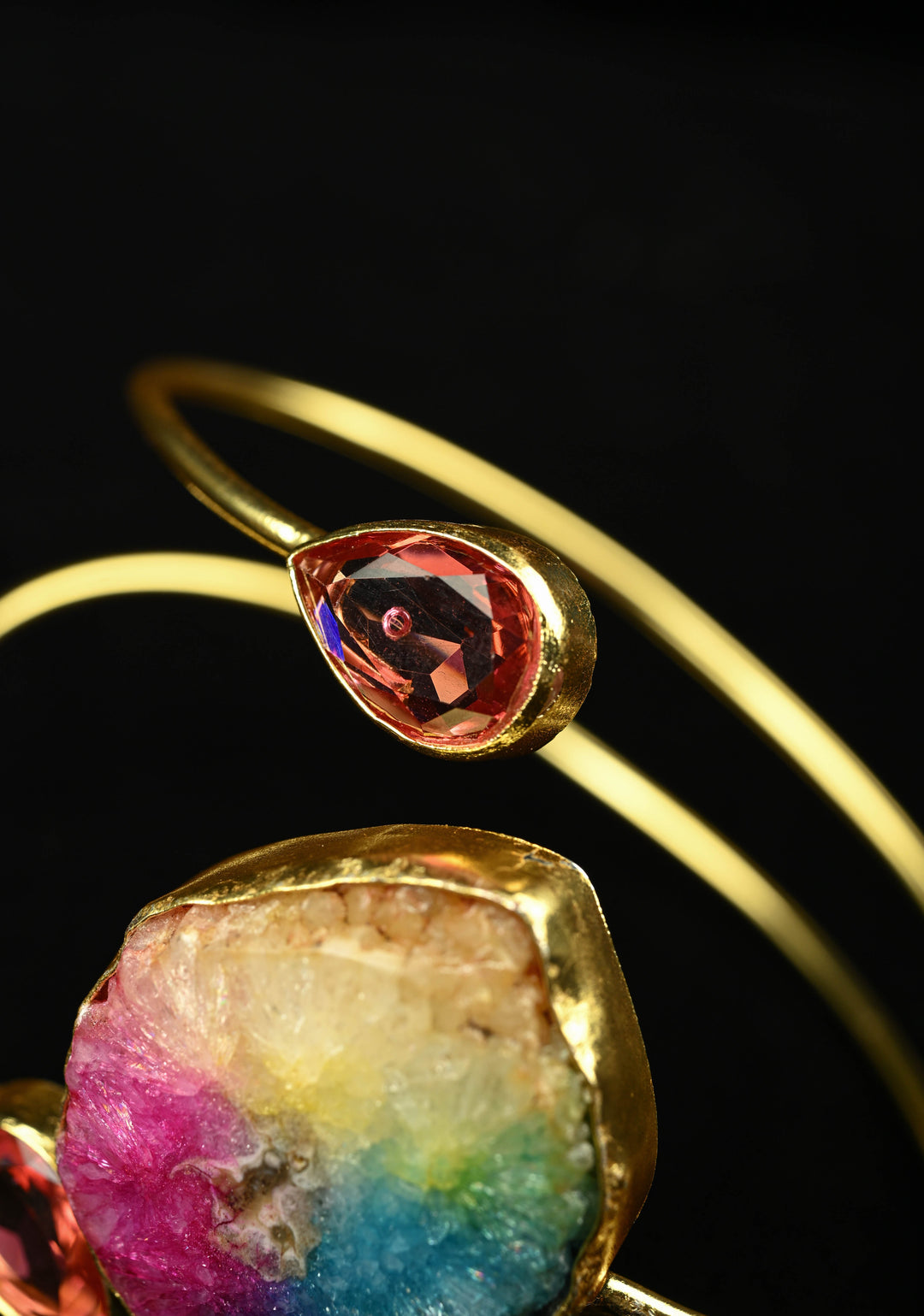 Rainbow Adjustable HandCuff Bracelet with Multi Agate and Glass