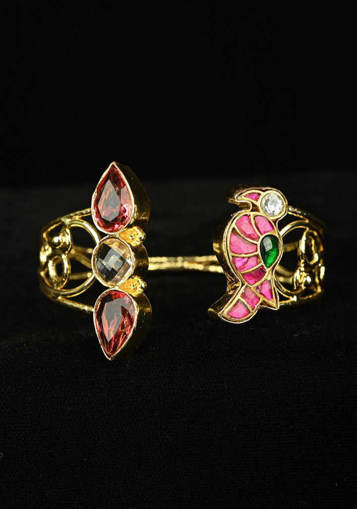 Adjustable Handcuff Bracelet With Pachi Kundan parrot , and glass stones
