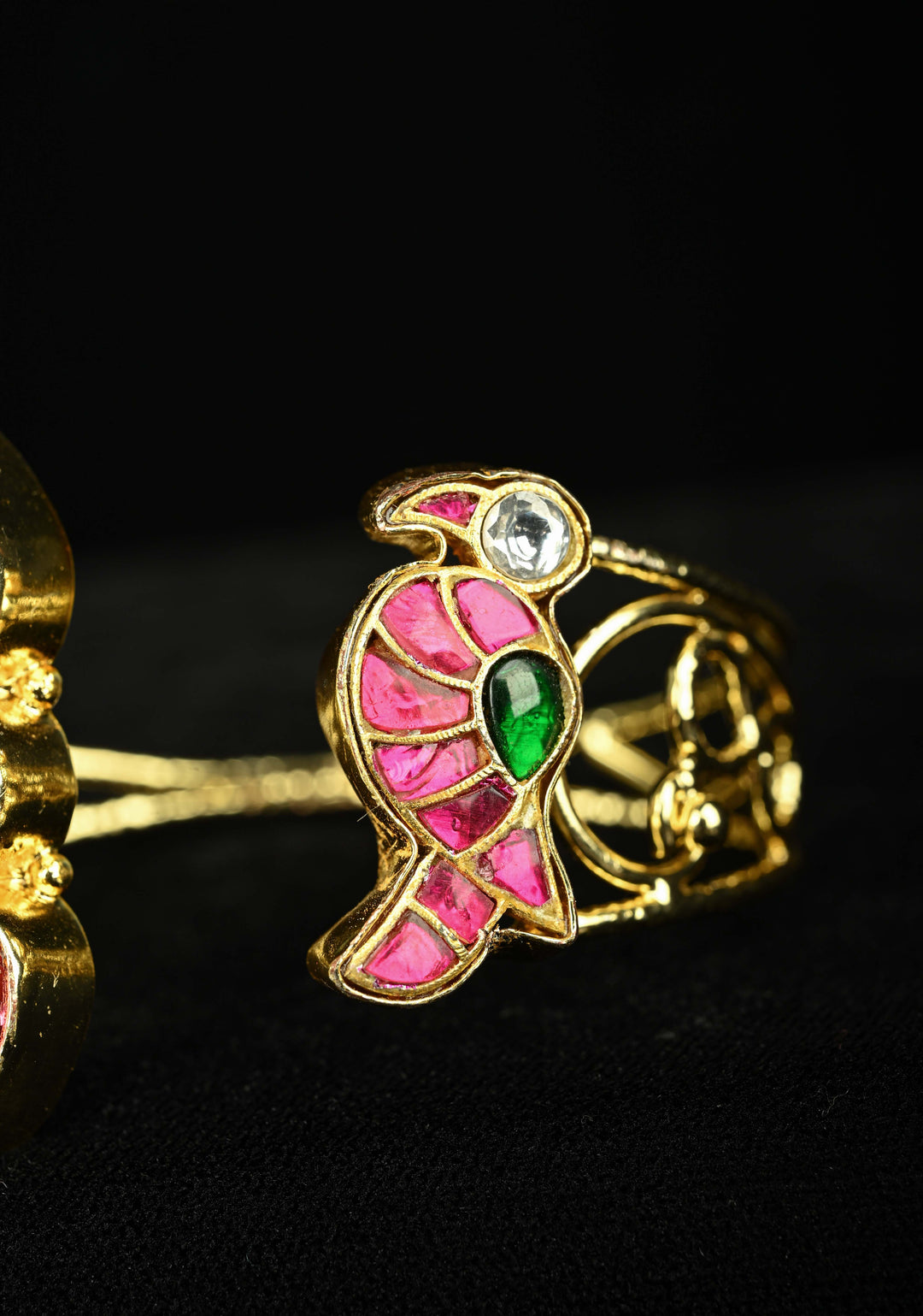 Adjustable Handcuff Bracelet With Pachi Kundan parrot , and glass stones