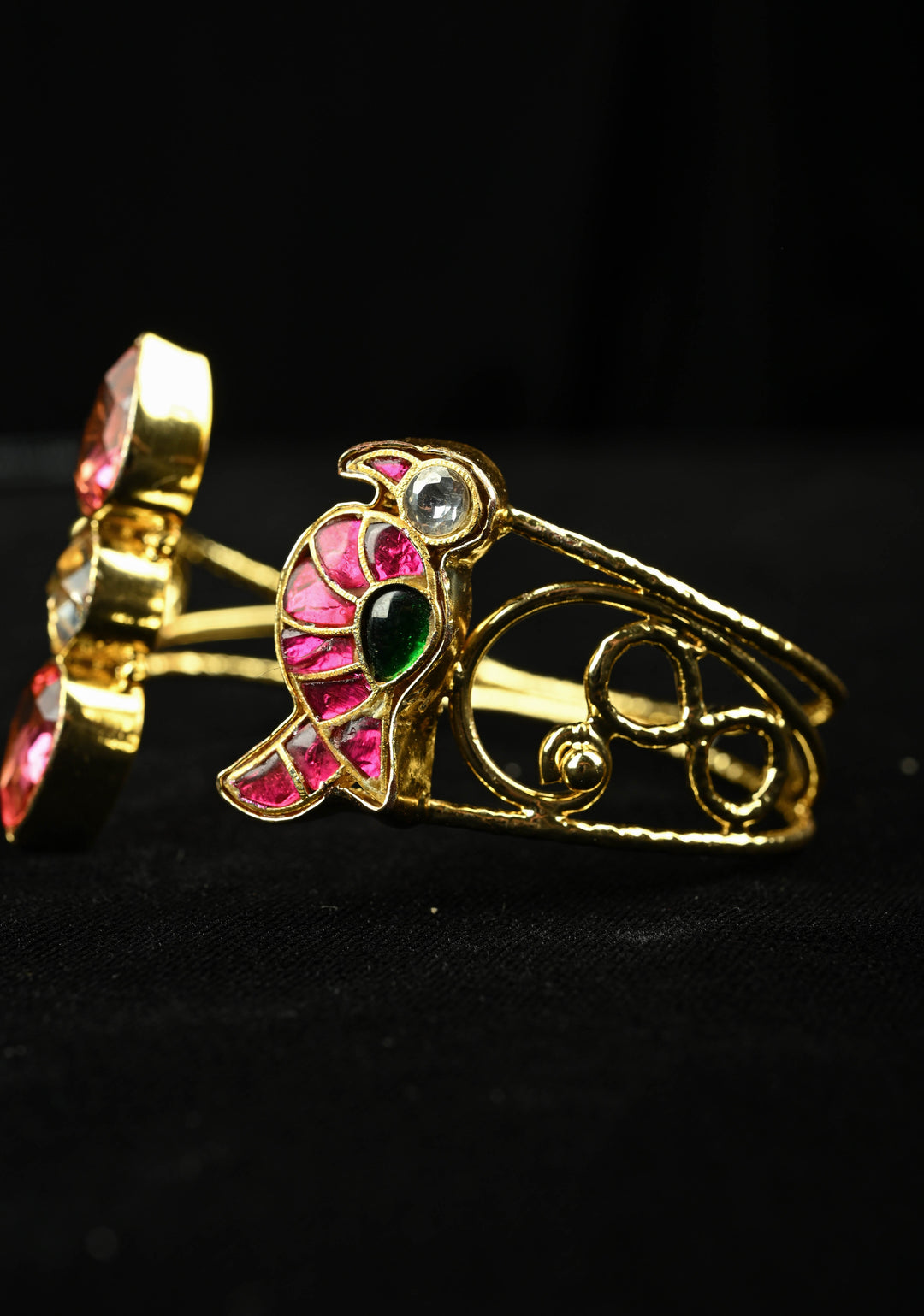 Adjustable Handcuff Bracelet With Pachi Kundan parrot , and glass stones