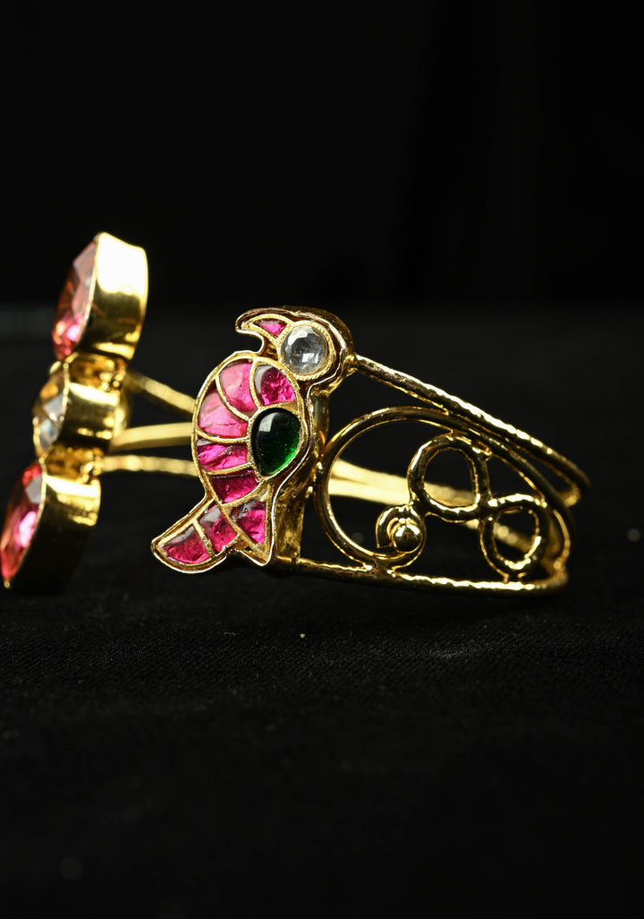 Adjustable Handcuff Bracelet With Pachi Kundan parrot , and glass stones
