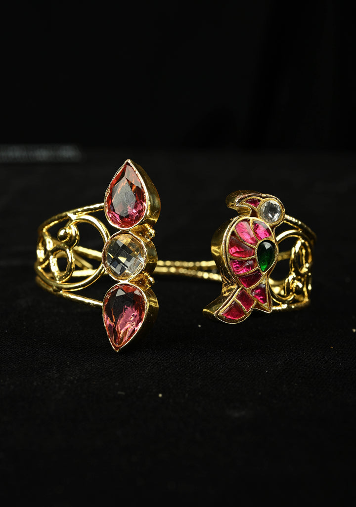 Adjustable Handcuff Bracelet With Pachi Kundan parrot , and glass stones