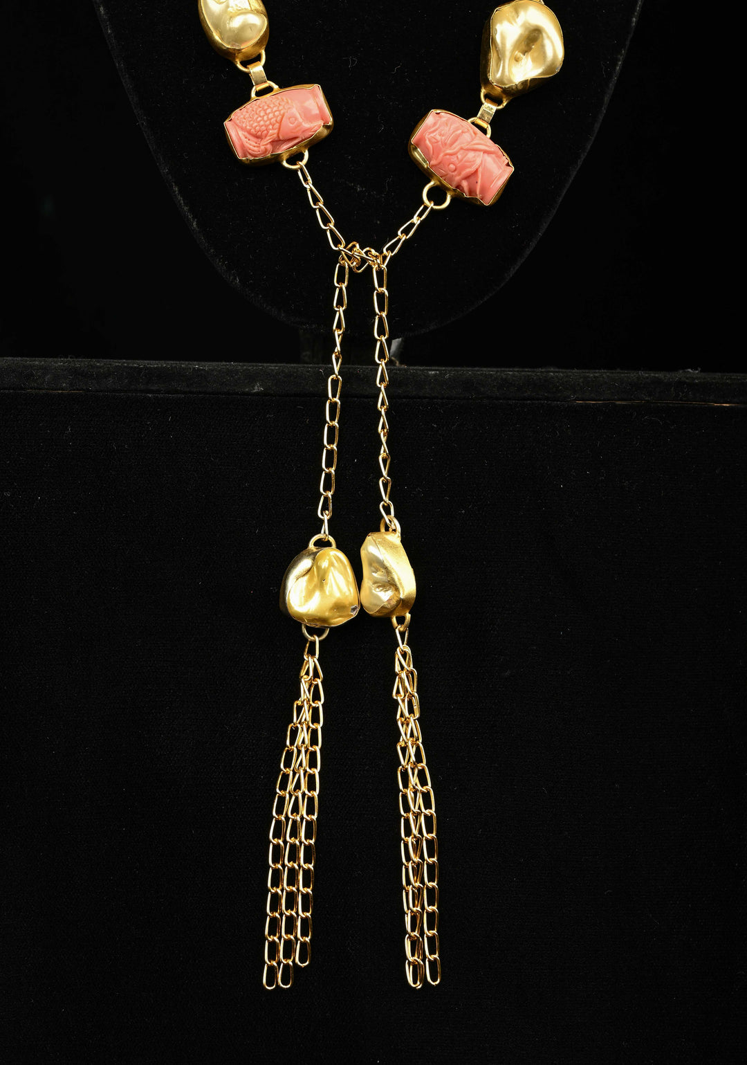 Yellow Pearl Tie Necklace with  Carved Embellishments