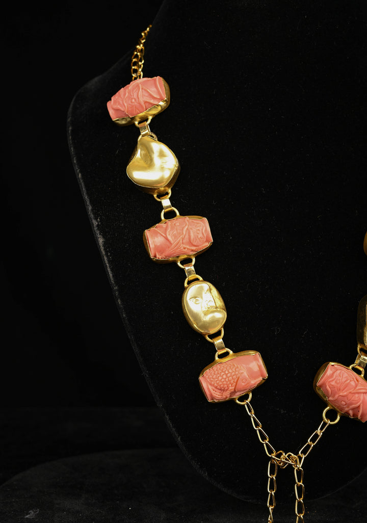 Yellow Pearl Tie Necklace with  Carved Embellishments