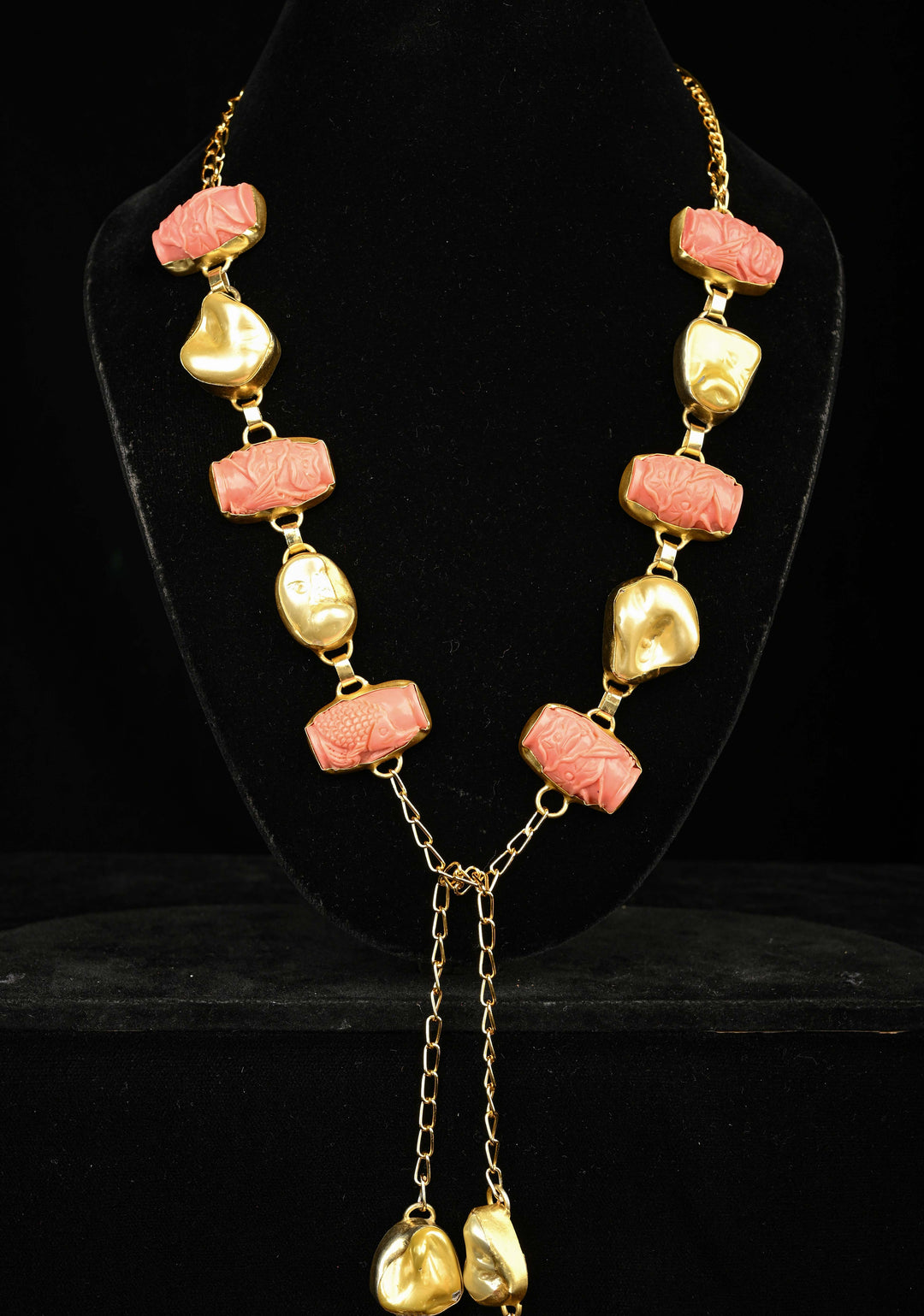 Yellow Pearl Tie Necklace with  Carved Embellishments