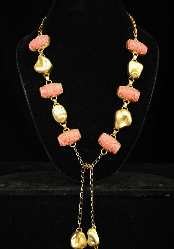 Yellow Pearl Tie Necklace with  Carved Embellishments