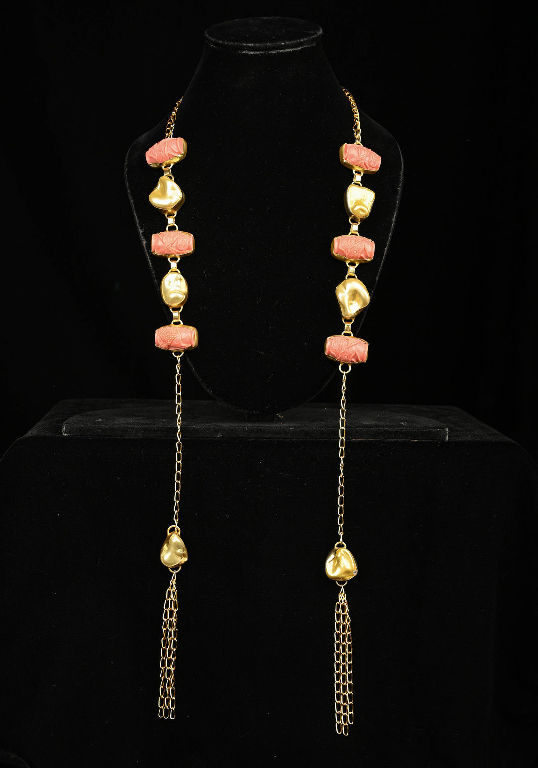 Yellow Pearl Tie Necklace with  Carved Embellishments