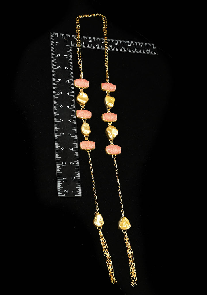 Yellow Pearl Tie Necklace with  Carved Embellishments