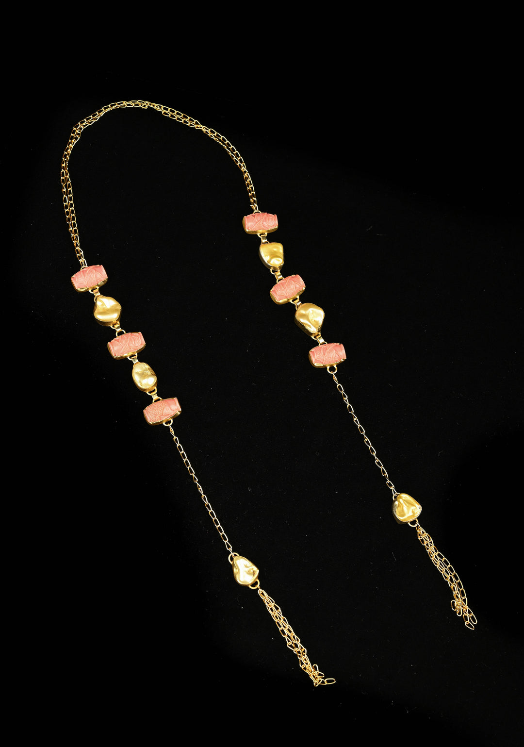 Yellow Pearl Tie Necklace with  Carved Embellishments