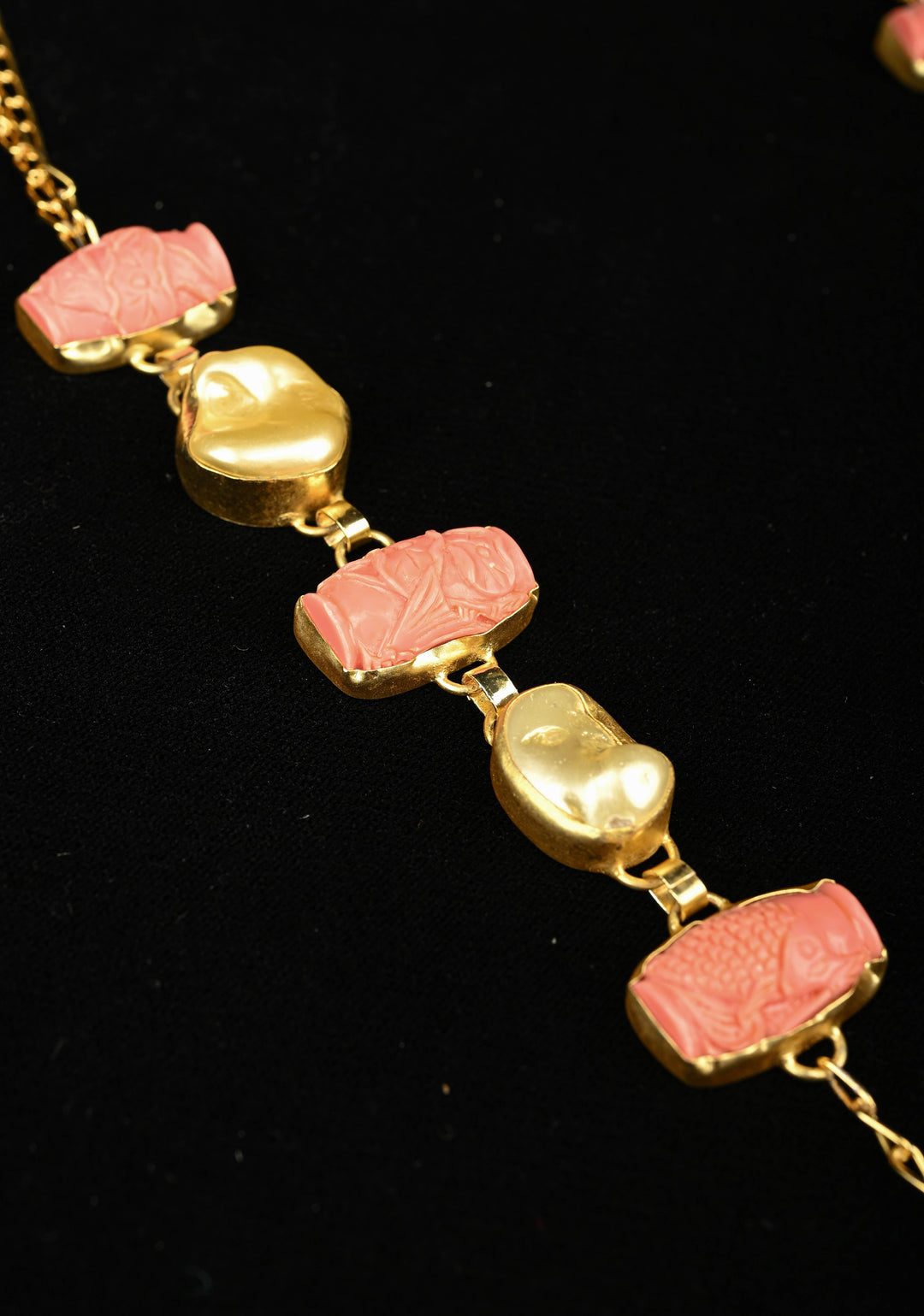 Yellow Pearl Tie Necklace with  Carved Embellishments