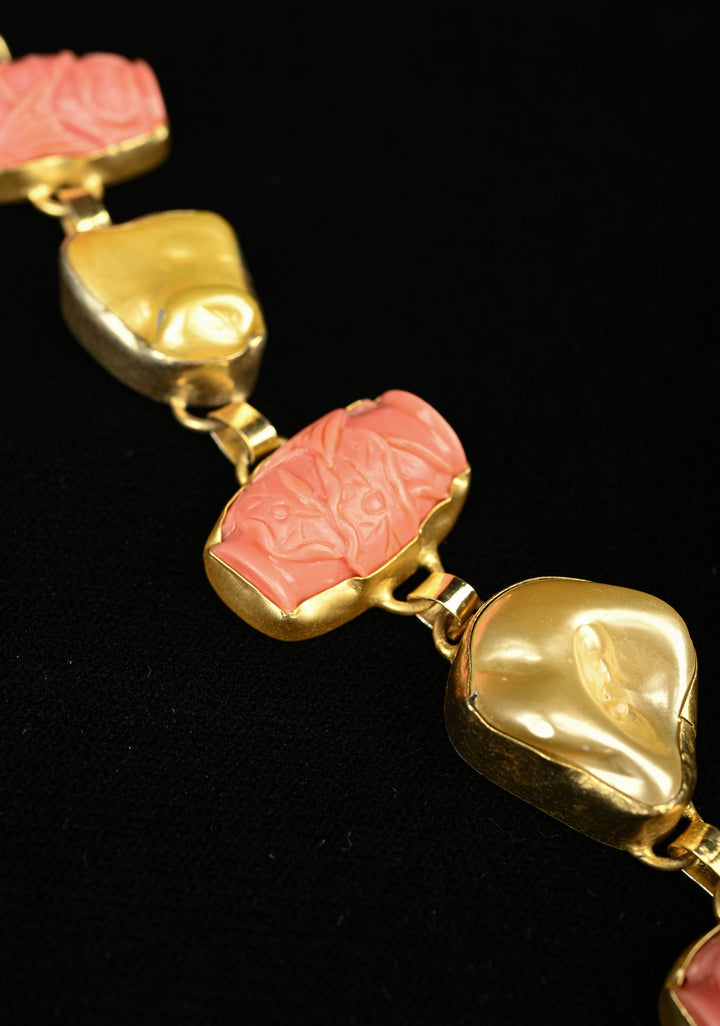 Yellow Pearl Tie Necklace with  Carved Embellishments