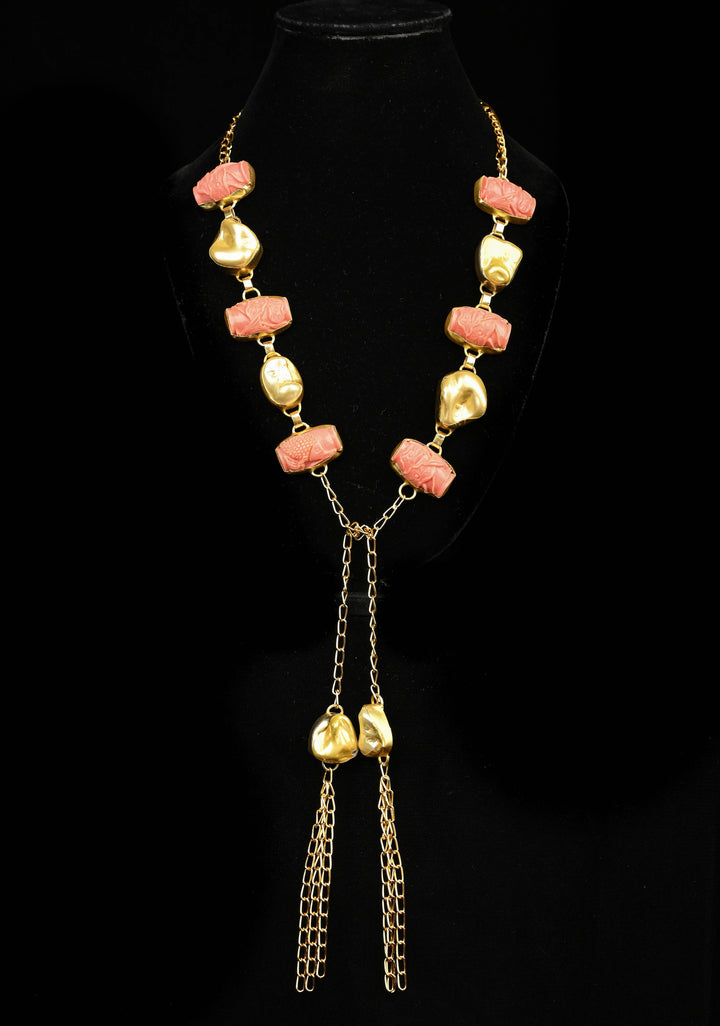 Yellow Pearl Tie Necklace with  Carved Embellishments