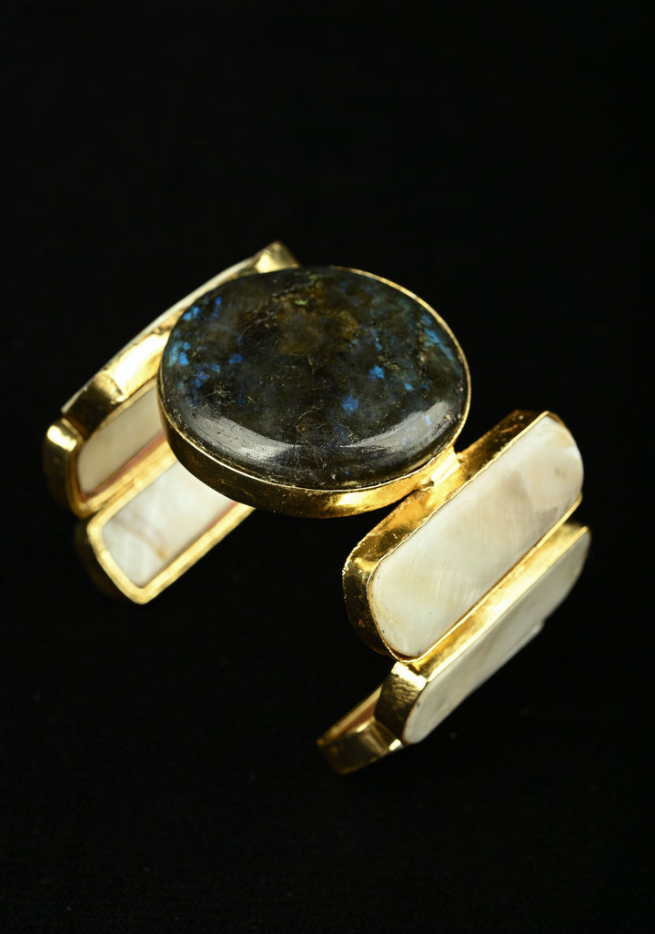 Labradorite and Mother of Pearls in Handcuff with Gold Tone