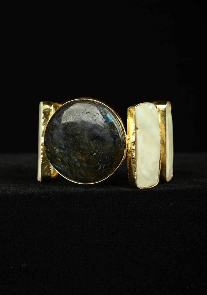 Labradorite and Mother of Pearls in Handcuff with Gold Tone