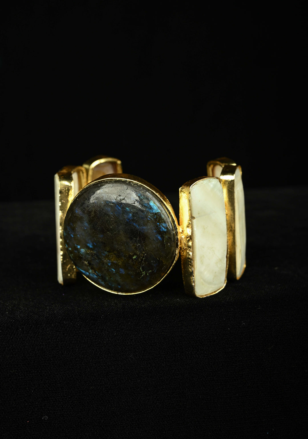 Labradorite and Mother of Pearls in Handcuff with Gold Tone
