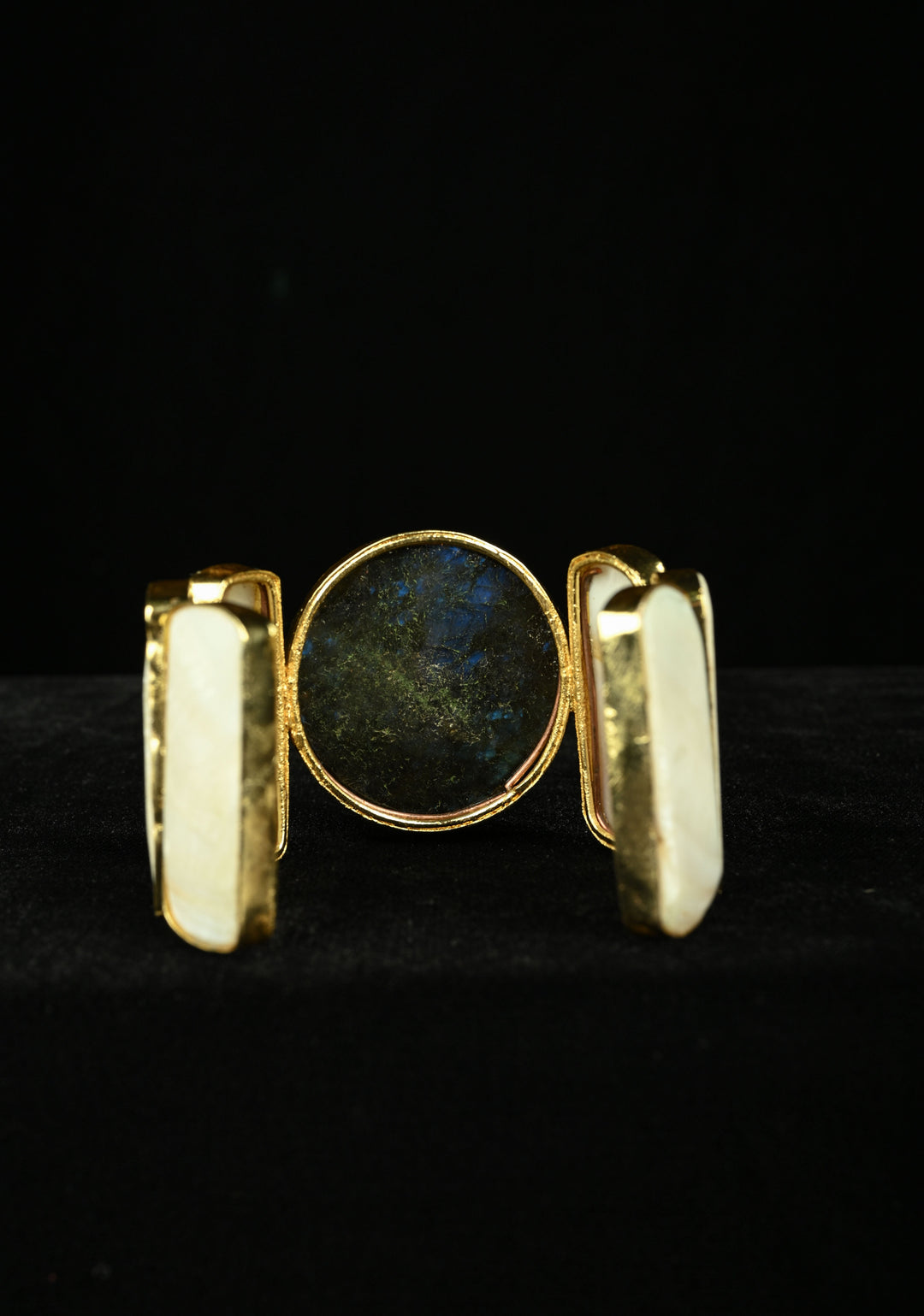 Labradorite and Mother of Pearls in Handcuff with Gold Tone