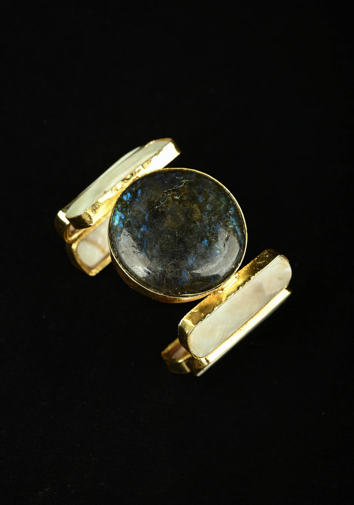 Labradorite and Mother of Pearls in Handcuff with Gold Tone
