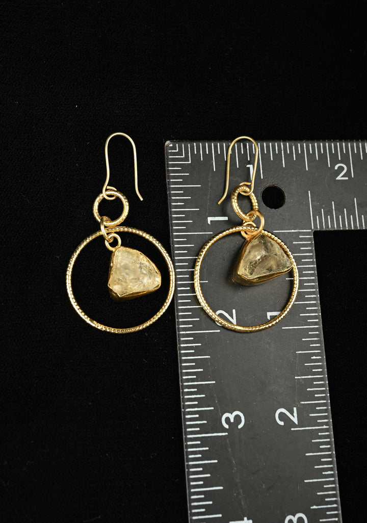 Citrine raw stone  Drop Pyrite Earring With Gold tone