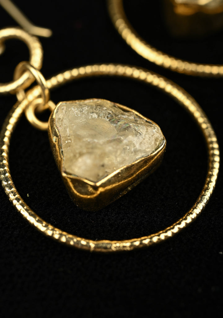 Citrine raw stone  Drop Pyrite Earring With Gold tone