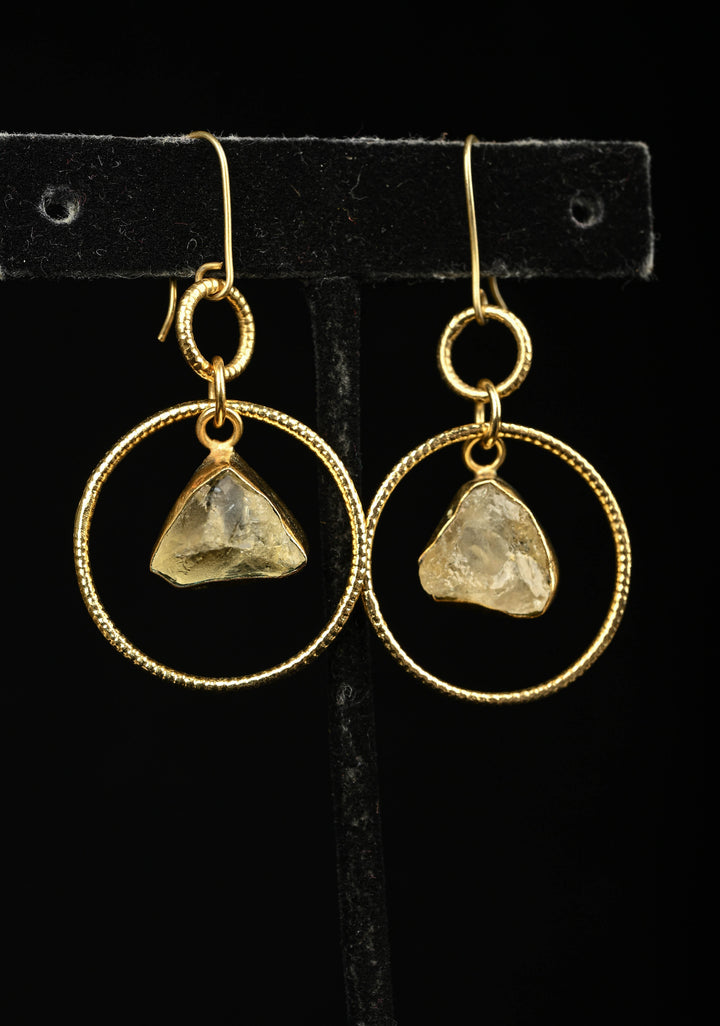Citrine raw stone  Drop Pyrite Earring With Gold tone