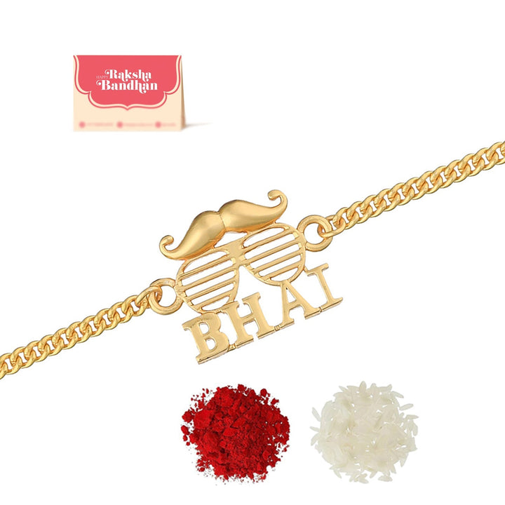 Bhai Gold Tone Bracelet Style Rakhi | SHOBITAM