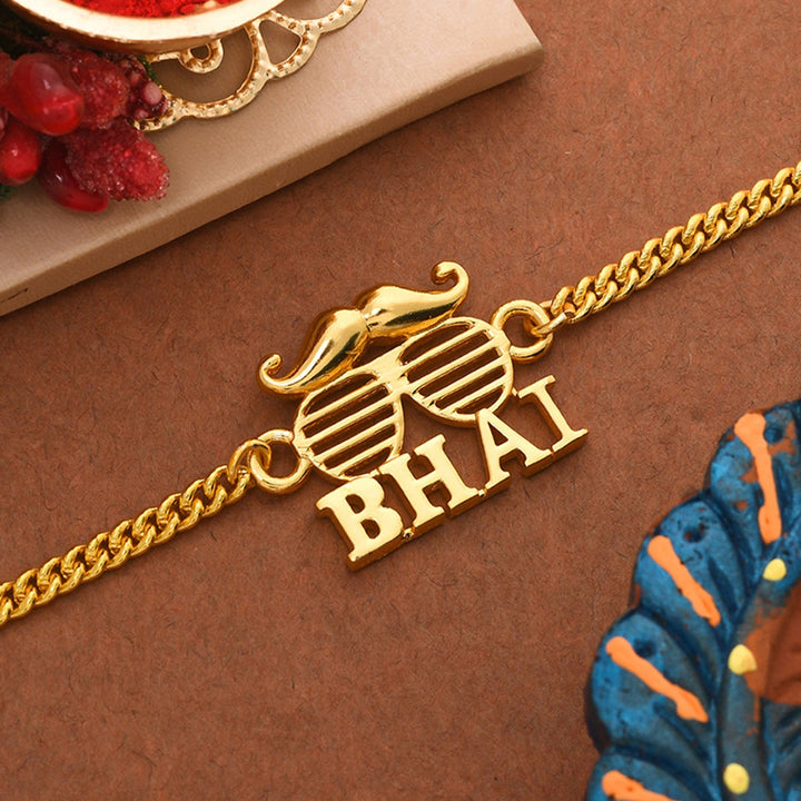 Bhai Gold Tone Bracelet Style Rakhi | SHOBITAM