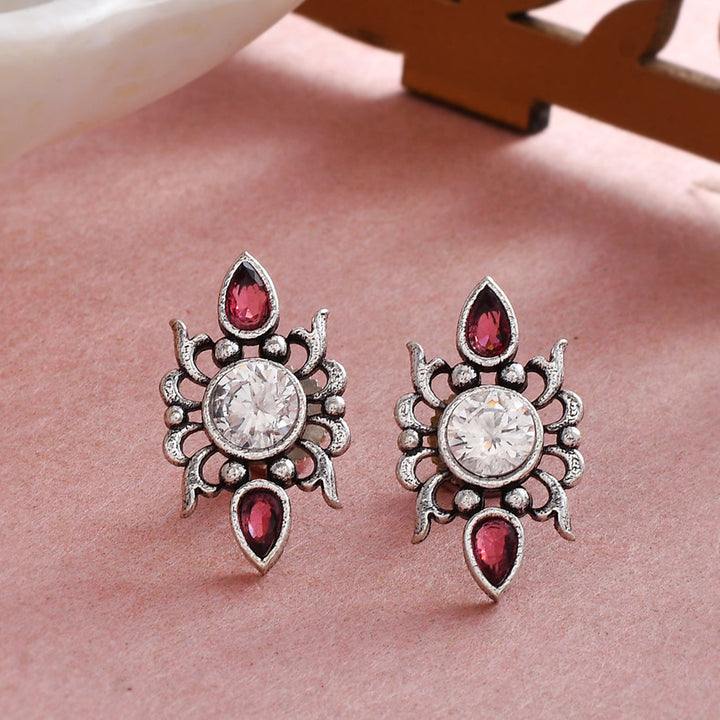 Abharan Casual White and Red Stones Stud Earrings | SHOBITAM