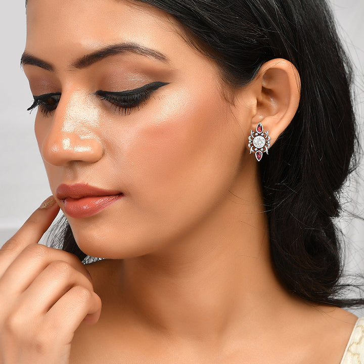 Abharan Casual White and Red Stones Stud Earrings | SHOBITAM
