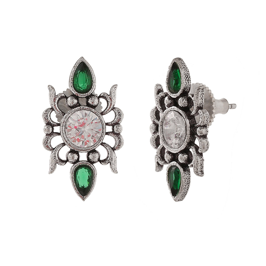 Abharan Casual White and Green Stones Stud Earrings | SHOBITAM