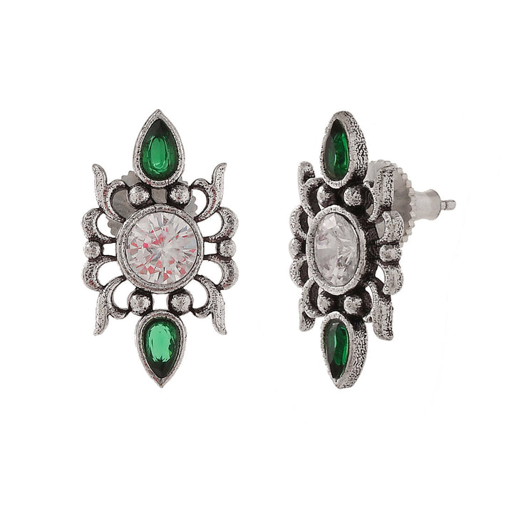 Abharan Casual White and Green Stones Stud Earrings | SHOBITAM