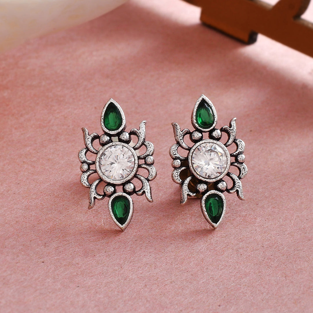 Abharan Casual White and Green Stones Stud Earrings | SHOBITAM