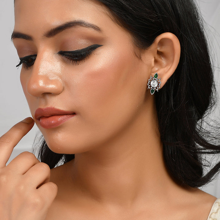 Abharan Casual White and Green Stones Stud Earrings | SHOBITAM