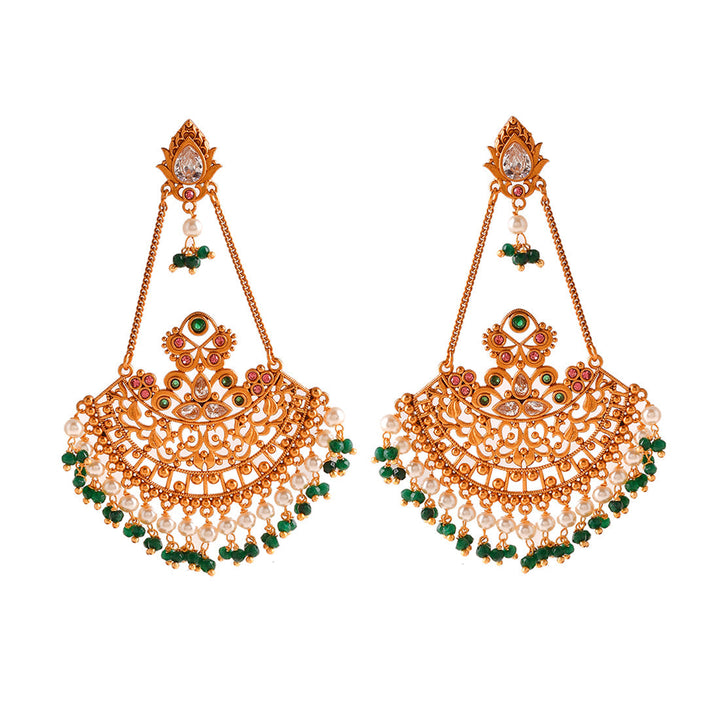 Abharan Ethnic White Pearls and Green Stones Filigree Earrings | SHOBITAM