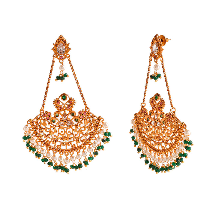 Abharan Ethnic White Pearls and Green Stones Filigree Earrings | SHOBITAM