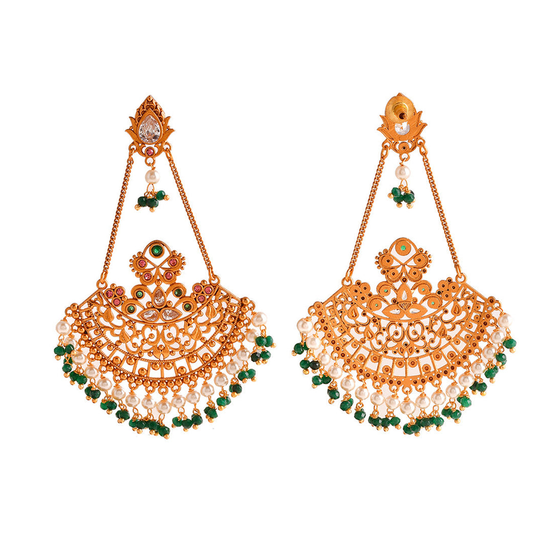 Abharan Ethnic White Pearls and Green Stones Filigree Earrings | SHOBITAM
