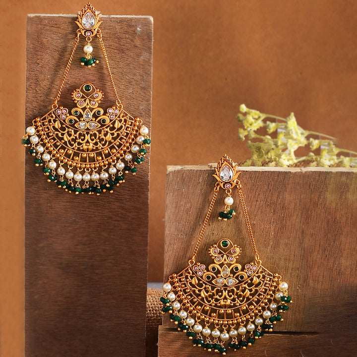 Abharan Ethnic White Pearls and Green Stones Filigree Earrings | SHOBITAM