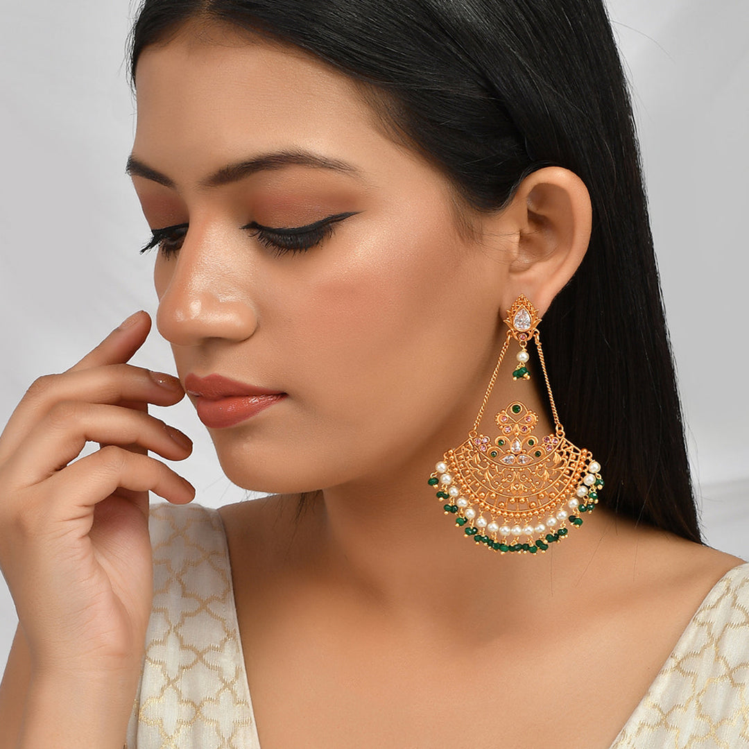 Abharan Ethnic White Pearls and Green Stones Filigree Earrings | SHOBITAM
