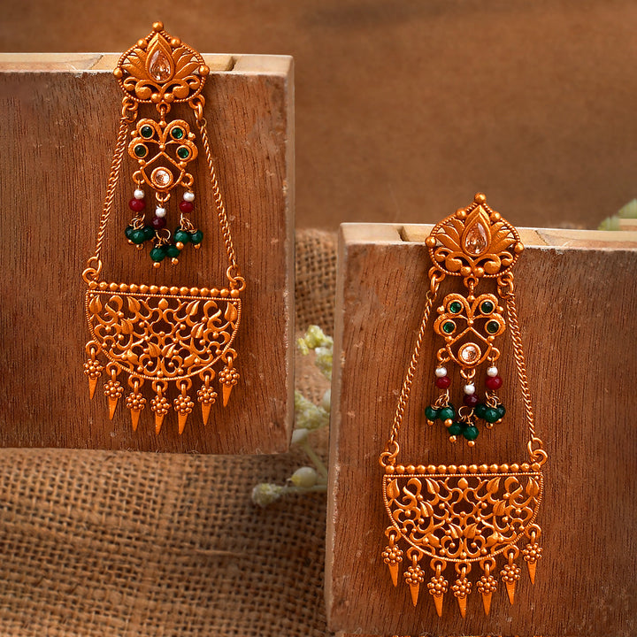Abharan Cutwork Design Beaded Drop Earrings | SHOBITAM