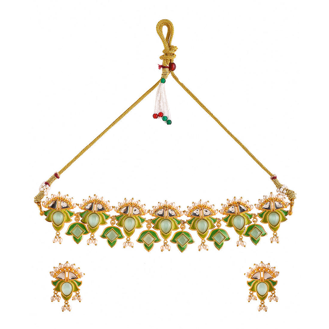 Forever More Green Stones and Pearls Enamelled Jewellery Set | SHOBITAM