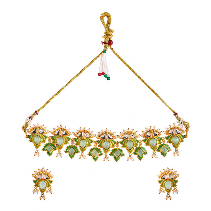 Forever More Green Stones and Pearls Enamelled Jewellery Set | SHOBITAM