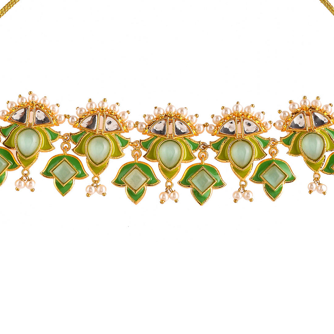 Forever More Green Stones and Pearls Enamelled Jewellery Set | SHOBITAM