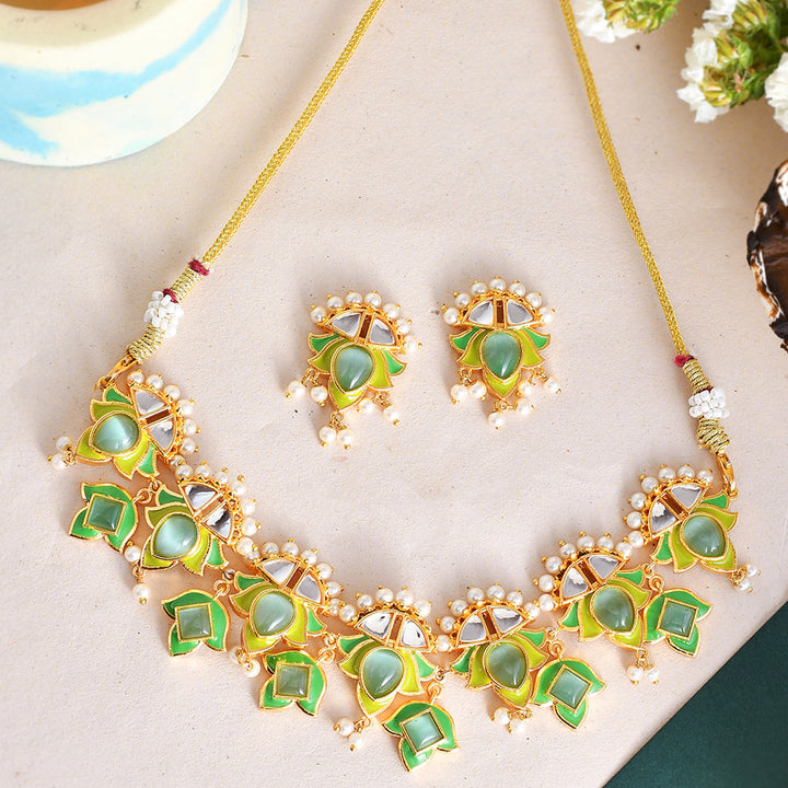 Forever More Green Stones and Pearls Enamelled Jewellery Set | SHOBITAM