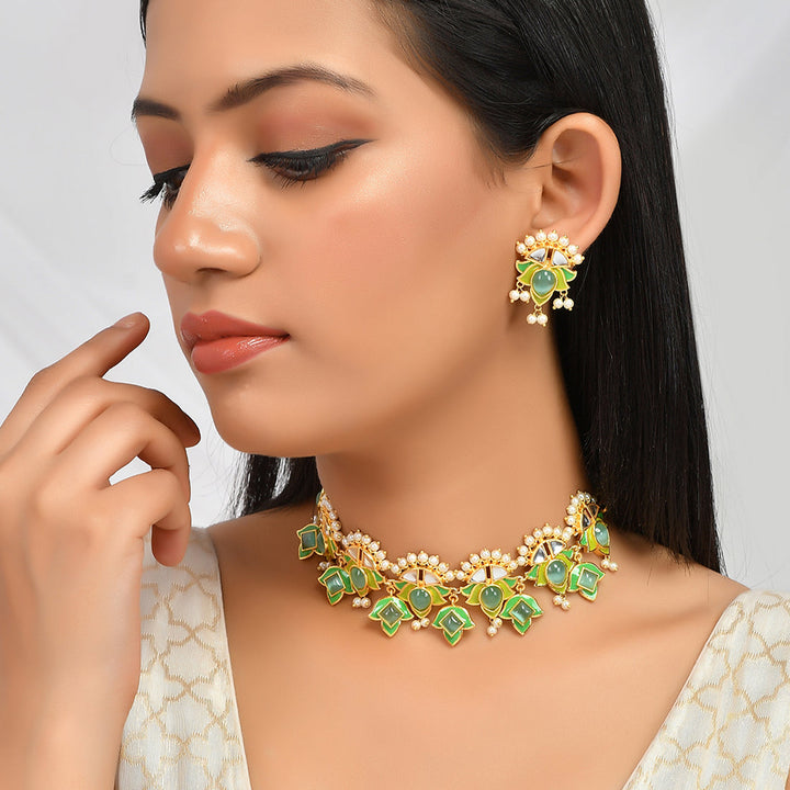 Forever More Green Stones and Pearls Enamelled Jewellery Set | SHOBITAM