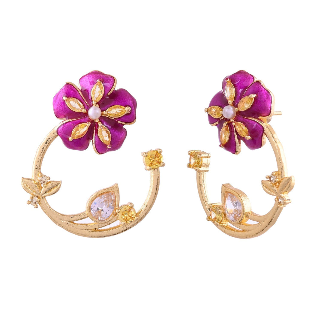 Flower Fantasy Magenta Bloom Half Hoop Earrings  | SHOBITAM