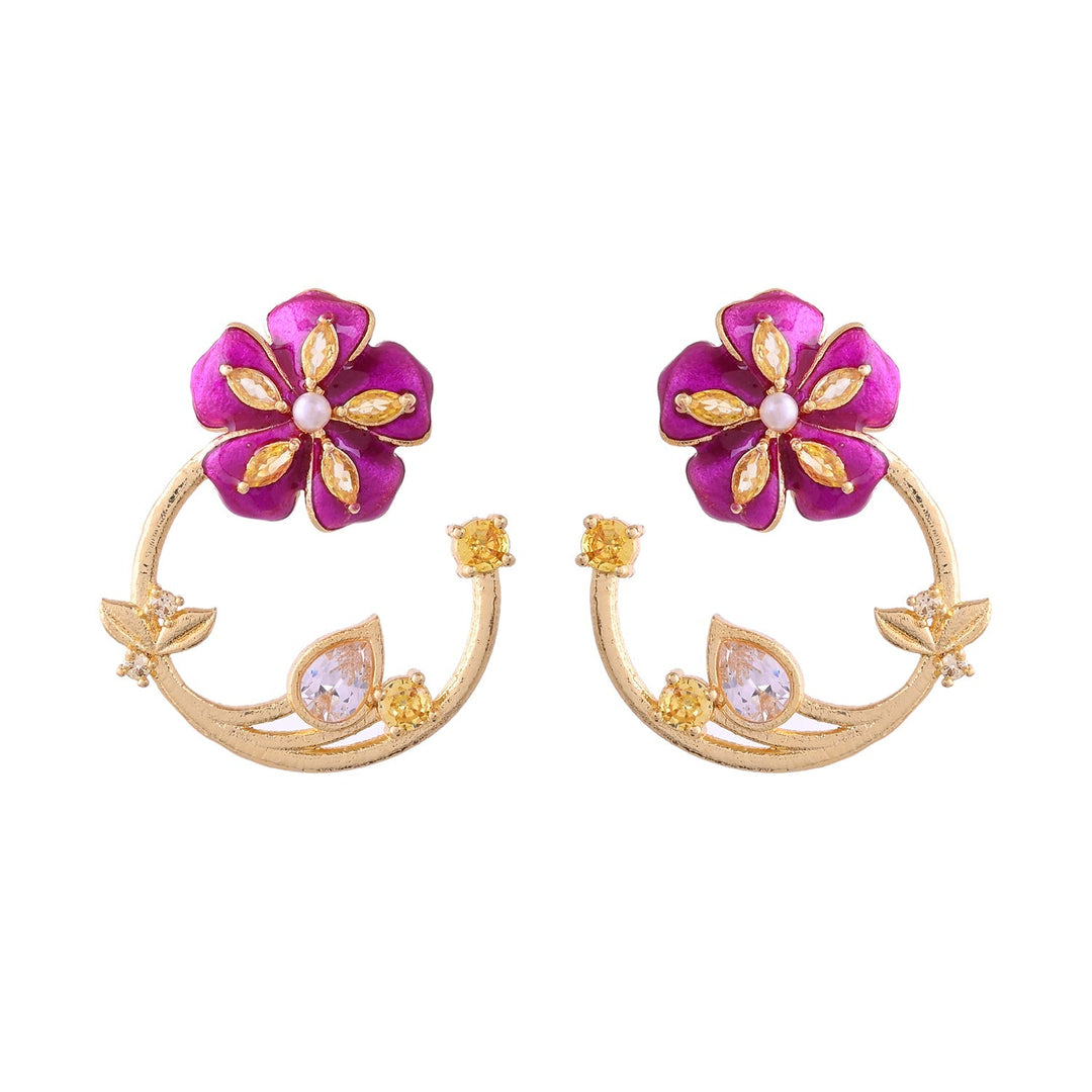Flower Fantasy Magenta Bloom Half Hoop Earrings  | SHOBITAM
