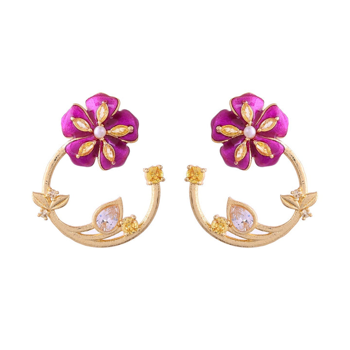 Flower Fantasy Magenta Bloom Half Hoop Earrings  | SHOBITAM