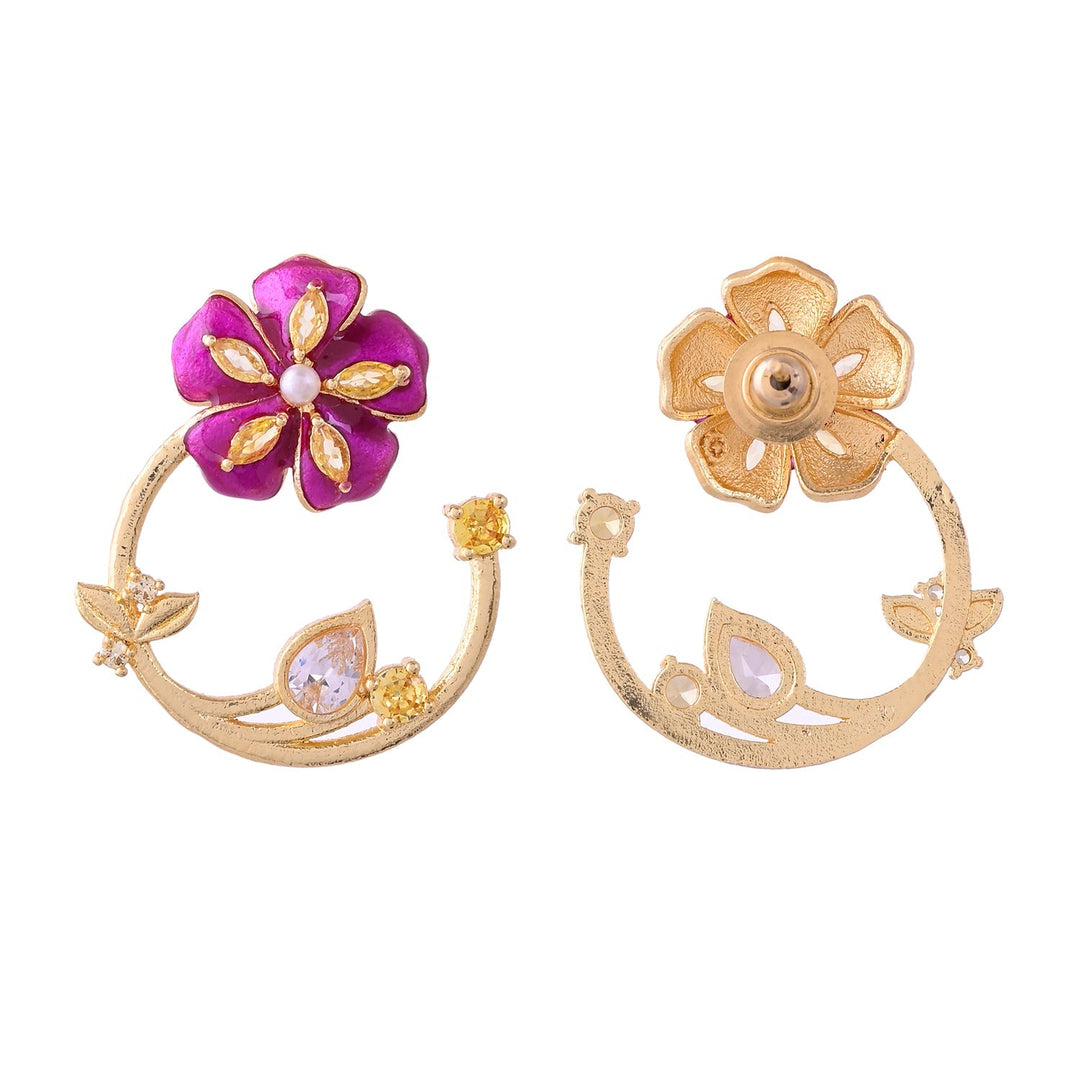 Flower Fantasy Magenta Bloom Half Hoop Earrings  | SHOBITAM