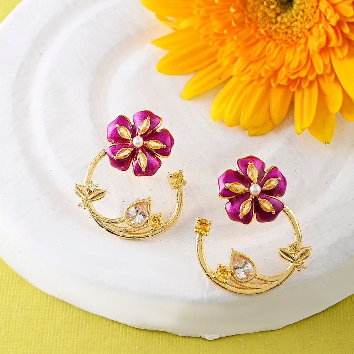 Flower Fantasy Magenta Bloom Half Hoop Earrings  | SHOBITAM