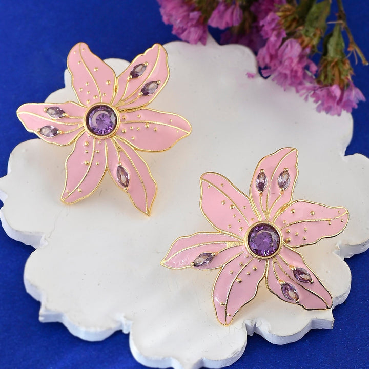 Flower Fantasy Petal Pink And Lavender Glitz Statement Studs  | SHOBITAM