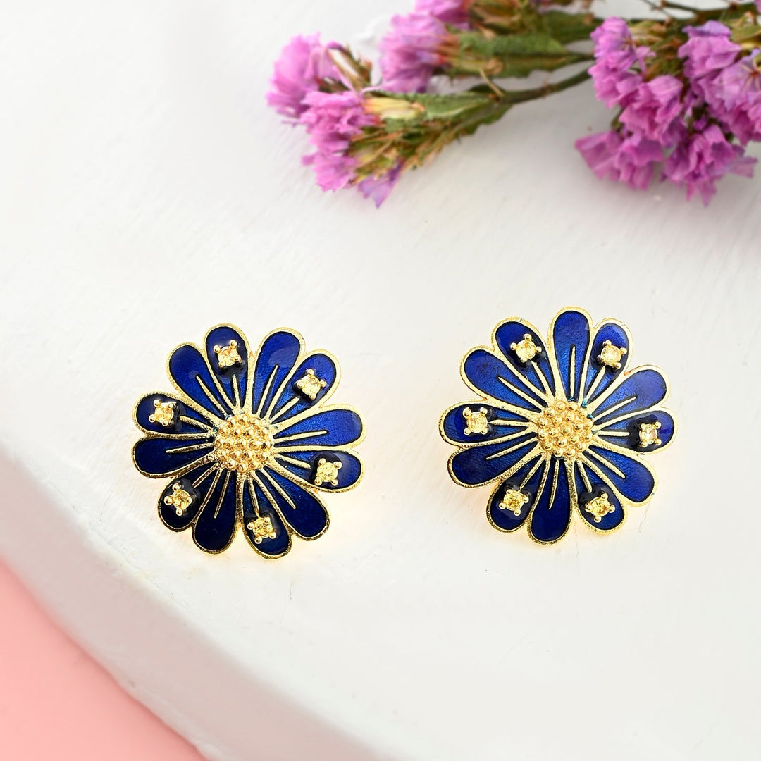 Flower Fantasy Sapphire Blue Daisy Ear Studs  | SHOBITAM